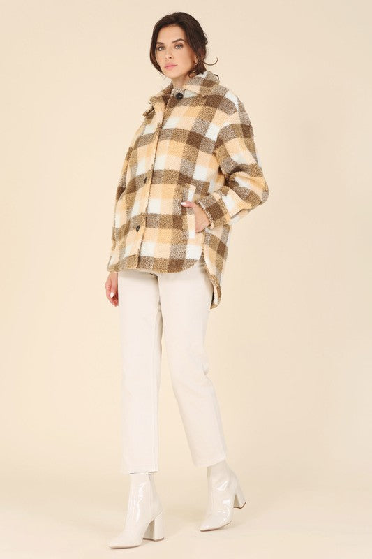 Plaid Sherpa Jacket with Pockets, Brown/Cream/Orange