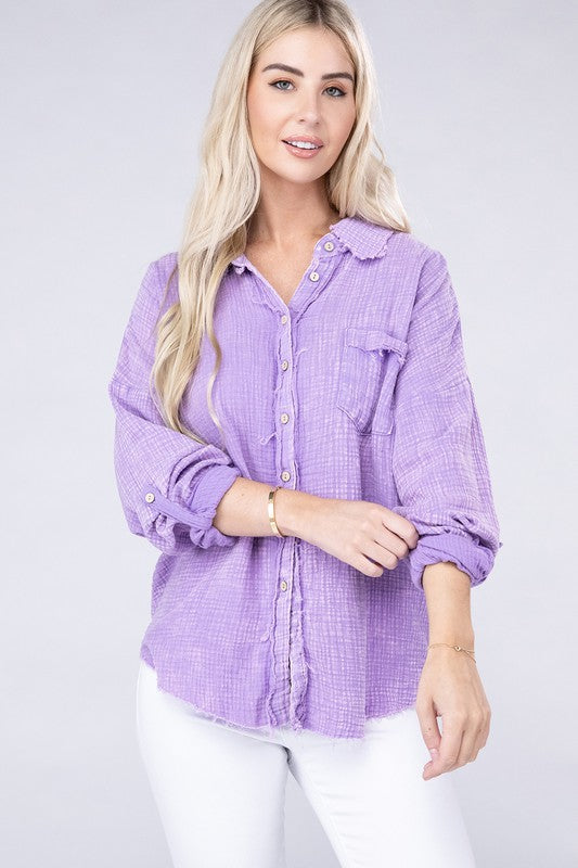 Zenana Washed Double Gauze Button Down Shirt