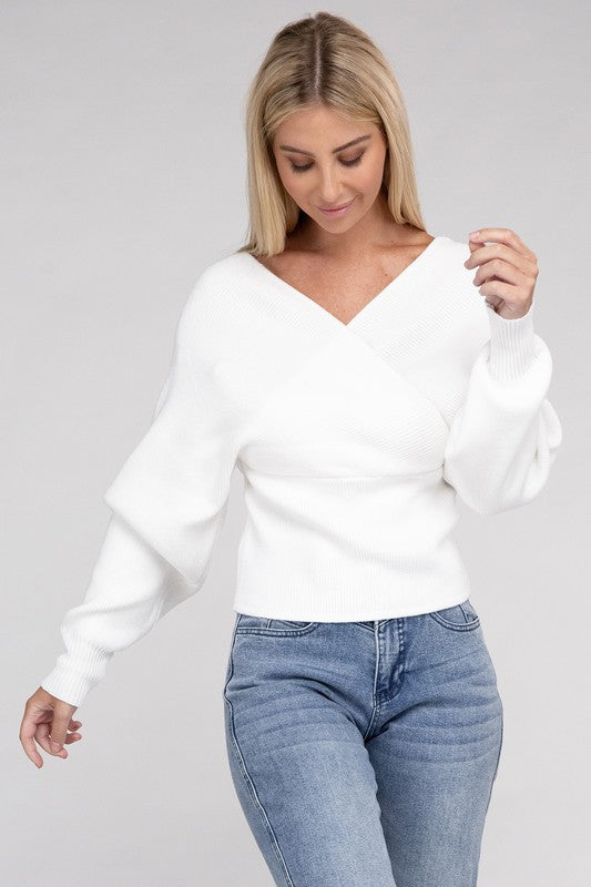 Zenana Viscose Cross Wrap Pullover Sweater