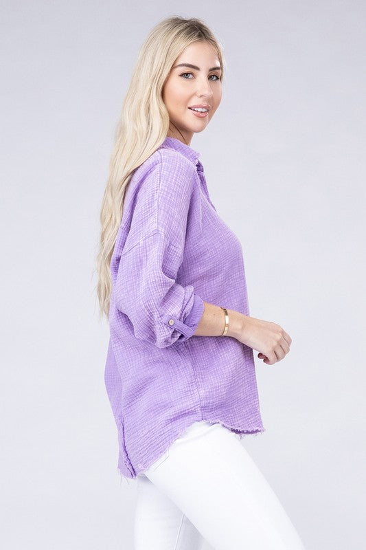 Zenana Washed Double Gauze Button Down Shirt