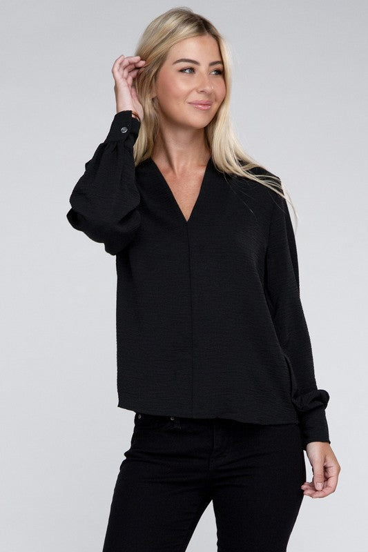 Zenana Woven Airflow V-Neck Long Sleeve Top