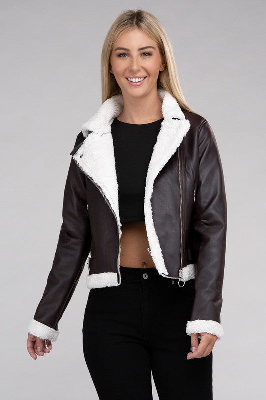 Plush Teddy Trimmed Faux Leather Jacket, Blackish-Brown