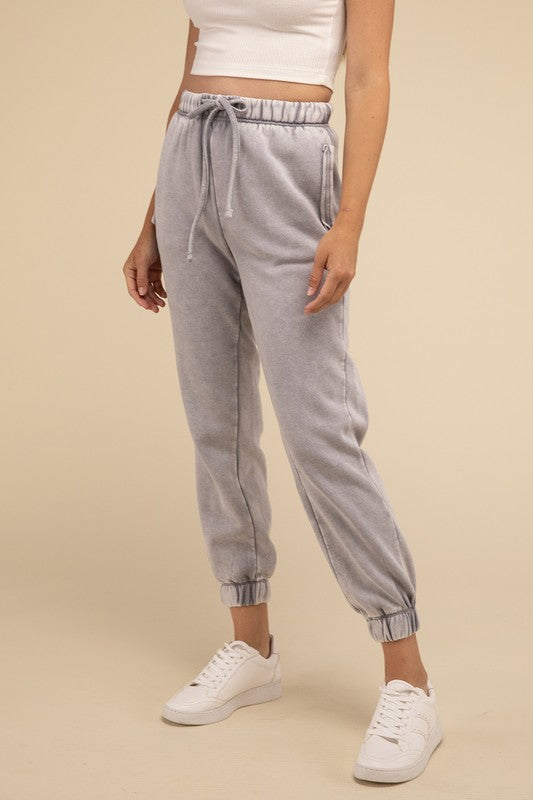 Zenana Acid Wash Fleece Sweatpants with Pockets