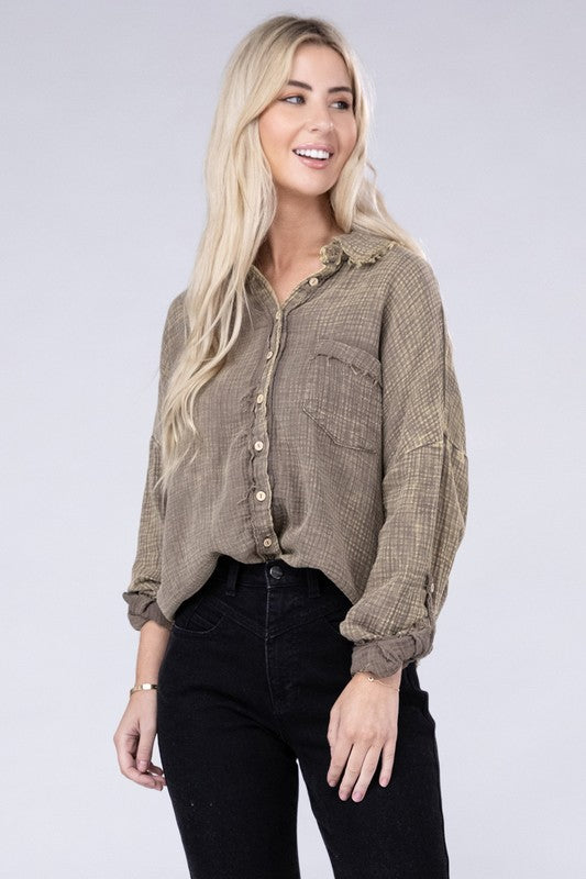 Zenana Washed Double Gauze Button Down Shirt