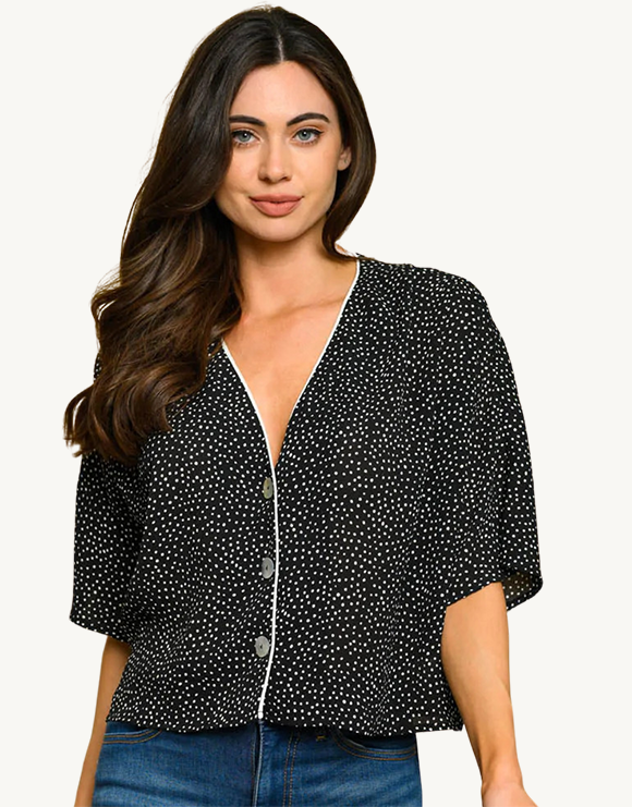 Short Sleeve Button-Up Polka Dot Blouse, Black