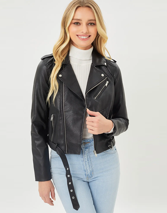 Love Tree Faux Leather Zip Up Front Moto Jacket, Black