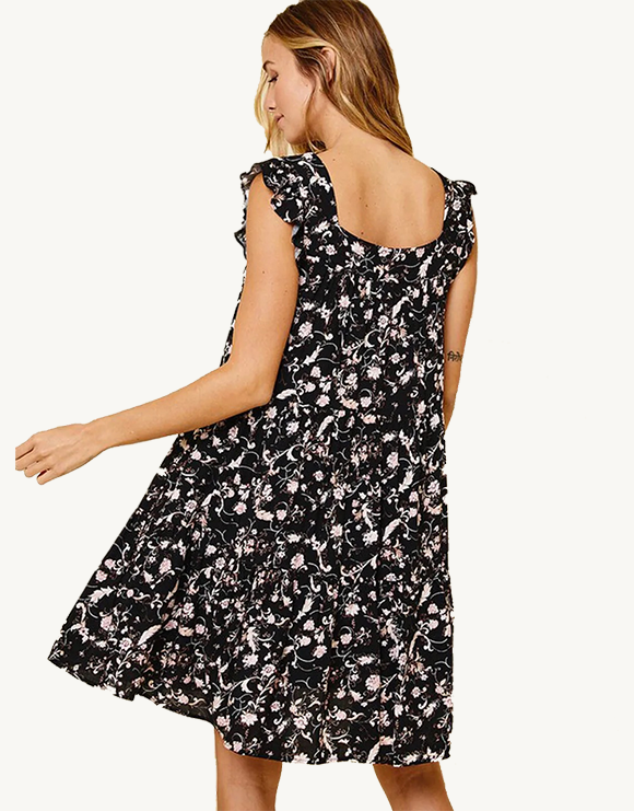 Sleeveless Ruffle Tiered Floral Tunic Mini Dress, Black/White