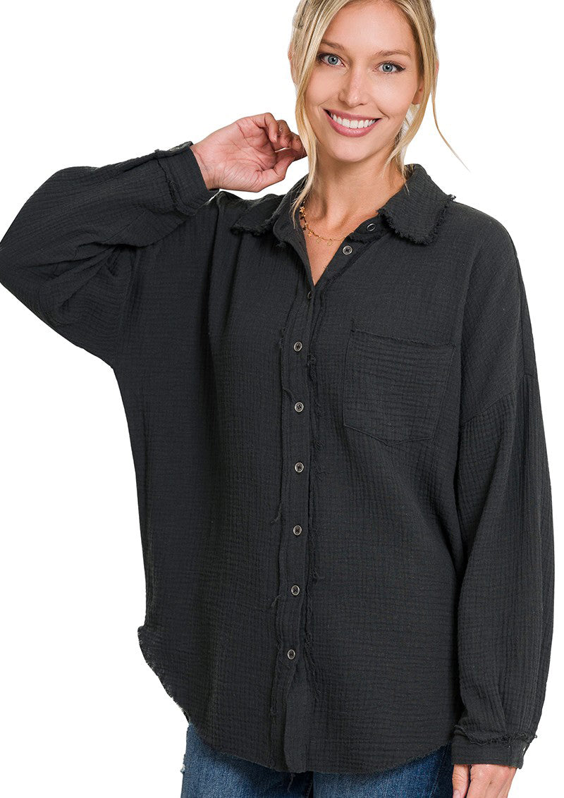 Zenana Oversized Raw Edge Button-Up Shirt, Black