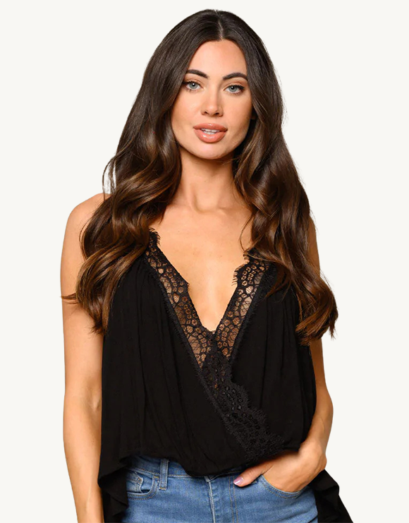 V-Neck Hi-Low Tank Top with Lace Trim, Black