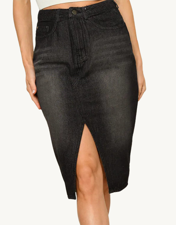 Split Hem Denim Midi Pencil Skirt, Black