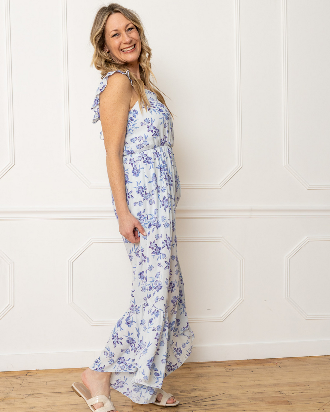 Cap Sleeve Bell Leg Floral Jumpsuit, Blue