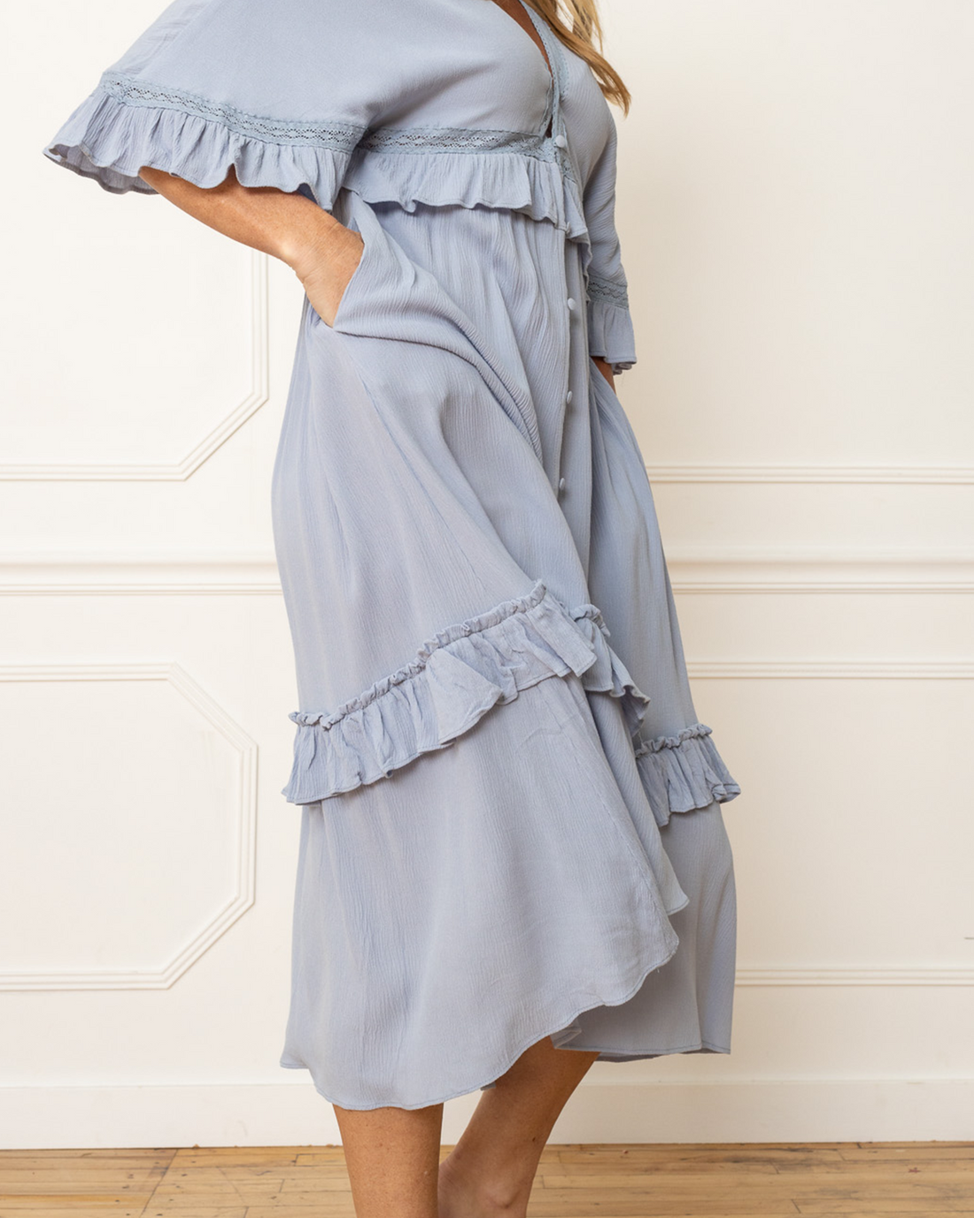 V-Neck 3/4 Sleeve Button-Up Midi Dress with Lace and Ruffle Detail, Ice Blue