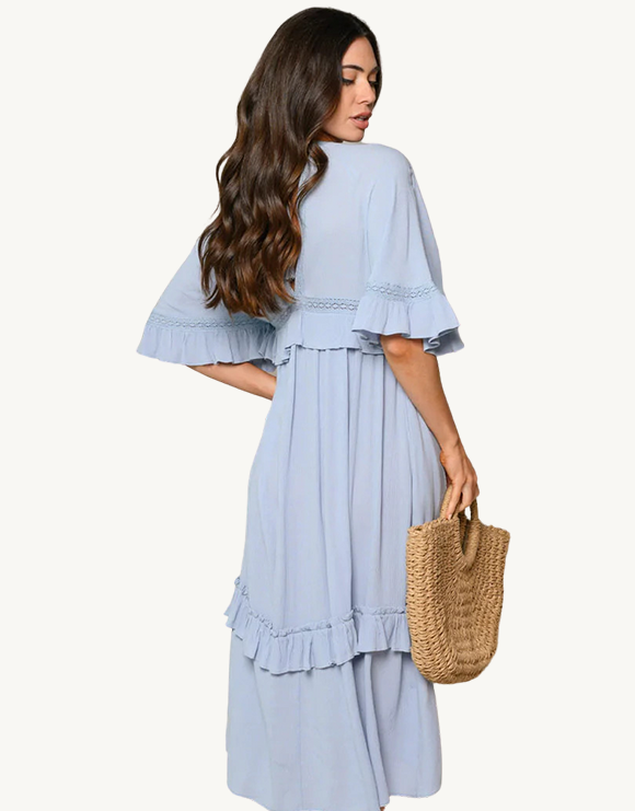 V-Neck 3/4 Sleeve Button-Up Midi Dress with Lace and Ruffle Detail, Ice Blue