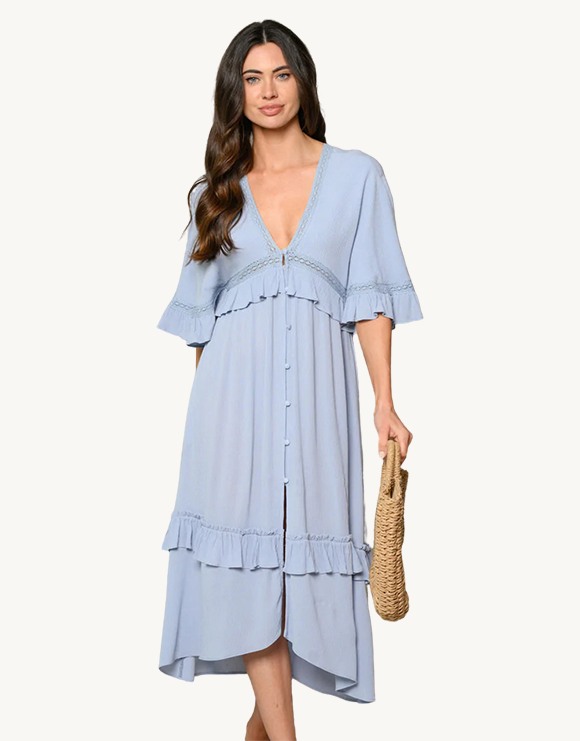 V-Neck 3/4 Sleeve Button-Up Midi Dress with Lace and Ruffle Detail, Ice Blue