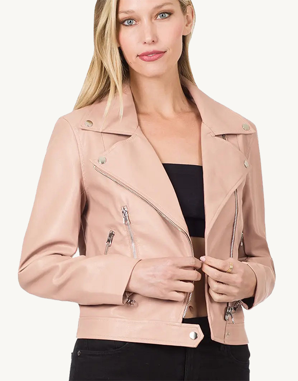 Zenana Vegan Leather Moto Jacket, Blush