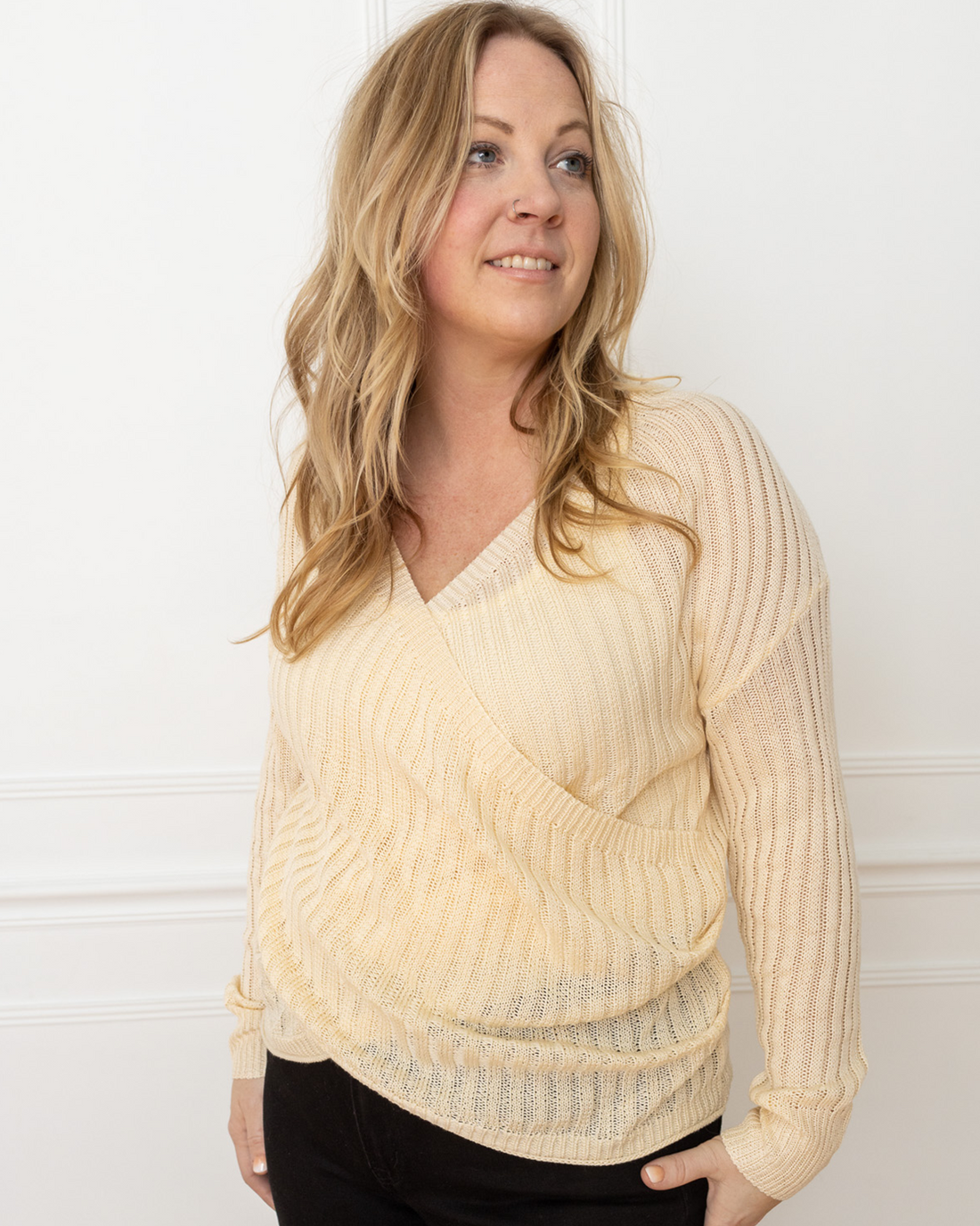 Long Sleeve Knit Wrap Sweater, Buttercream