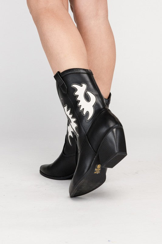 SODA GIGA Pointed Toe Cutout Design Pull-On Medium Heel Mid-Calf Western Boots