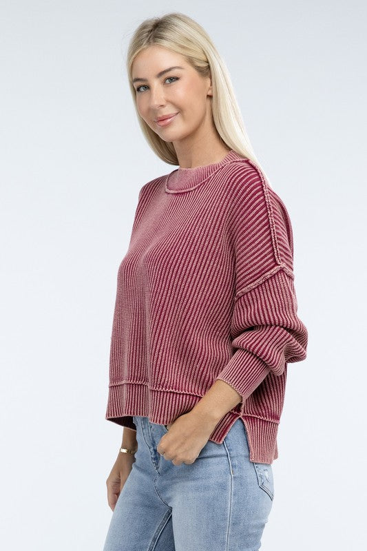 Zenana Washed Side Slit Oversized Cropped Sweater