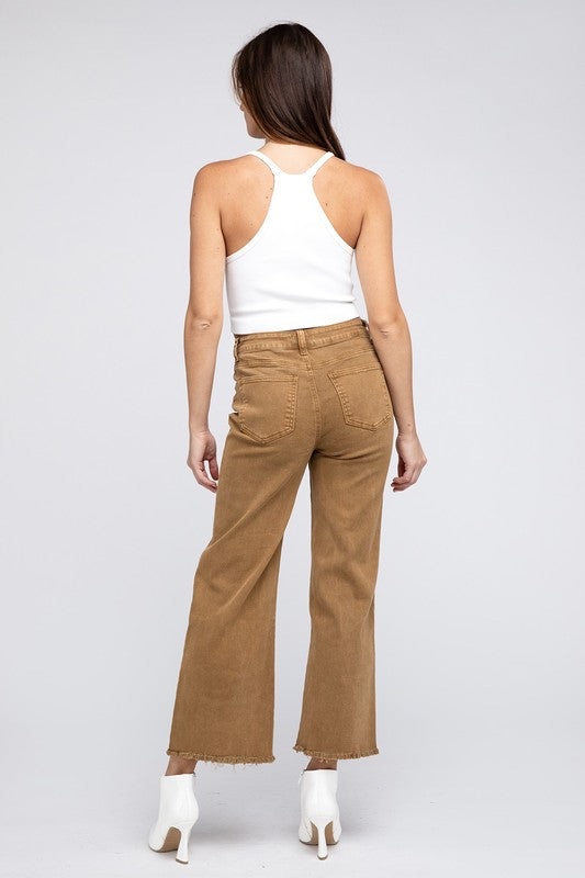 Zenana Acid Wash Colored Straight Wide Leg Jeans with Frayed Cutoff Hem