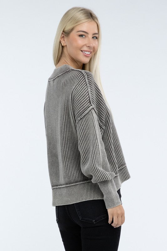 Zenana Washed Side Slit Oversized Cropped Sweater