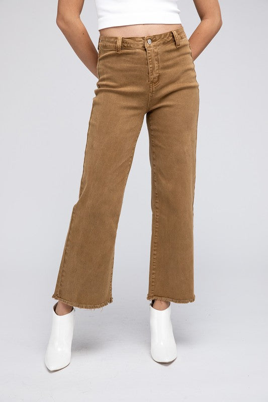 Zenana Acid Wash Colored Straight Wide Leg Jeans with Frayed Cutoff Hem