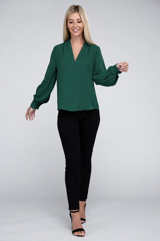 Zenana Woven Airflow V-Neck Long Sleeve Top