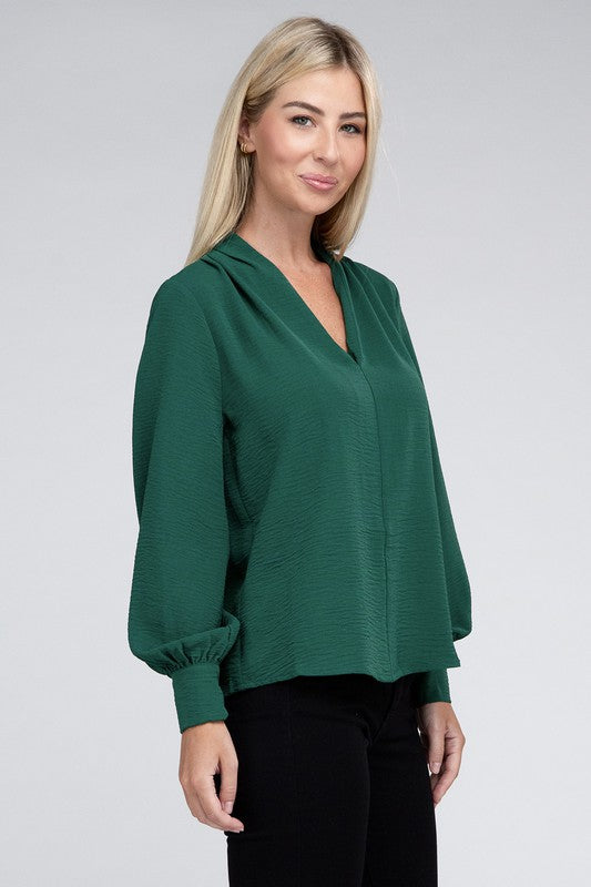 Zenana Woven Airflow V-Neck Long Sleeve Top