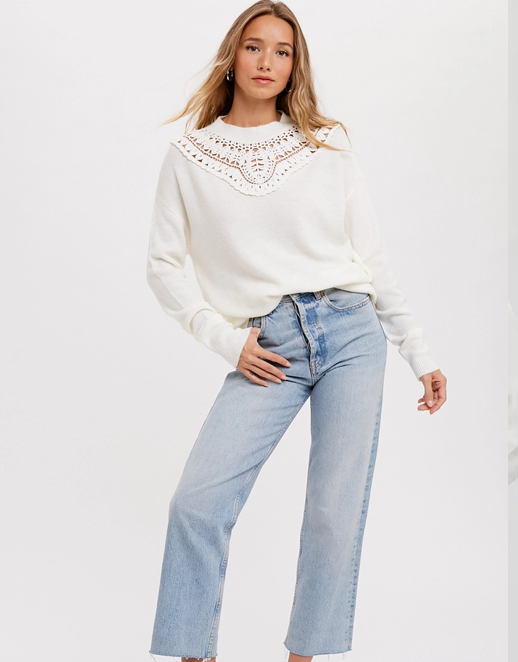 Bluivy Crochet Lace Trim Pullover Sweater, Cream