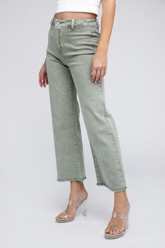 Zenana Acid Wash Colored Straight Wide Leg Jeans with Frayed Cutoff Hem