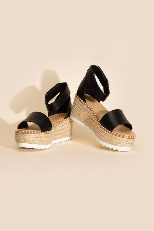 SODA Raffia Platform Sandal with Ankle Straps