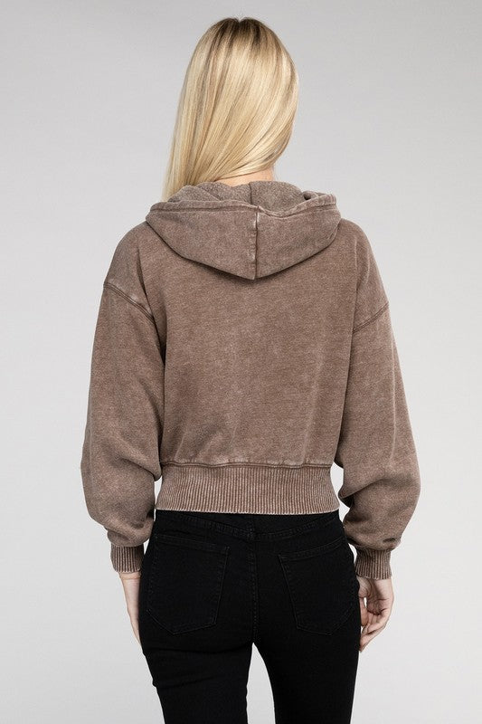 Zenana Acid Wash Fleece Cropped Zip-Up Hoodie