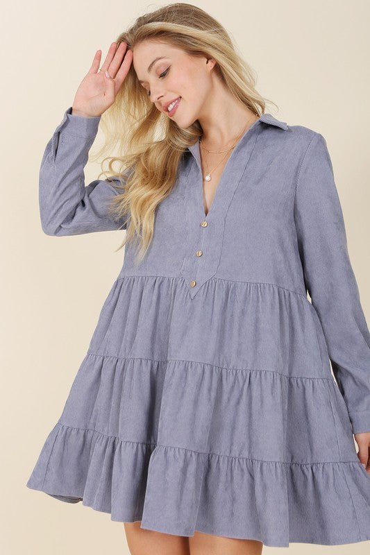 Lilou Long Sleeve Corduroy Tiered Collared Deep V-Neck Dress