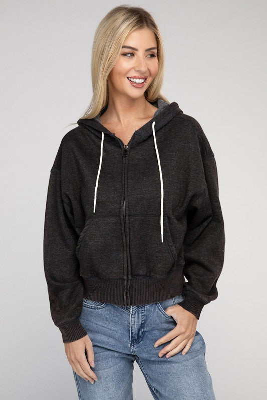 Zenana Acid Wash Fleece Cropped Zip-Up Hoodie