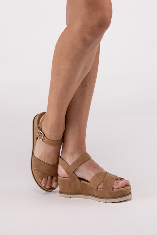 SODA Clever Criss Cross Strap Platform Wedge Sandals with Buckle