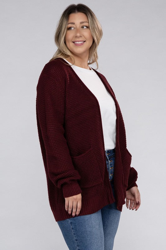 Plus Low Gauge Waffle Open Cardigan Sweater