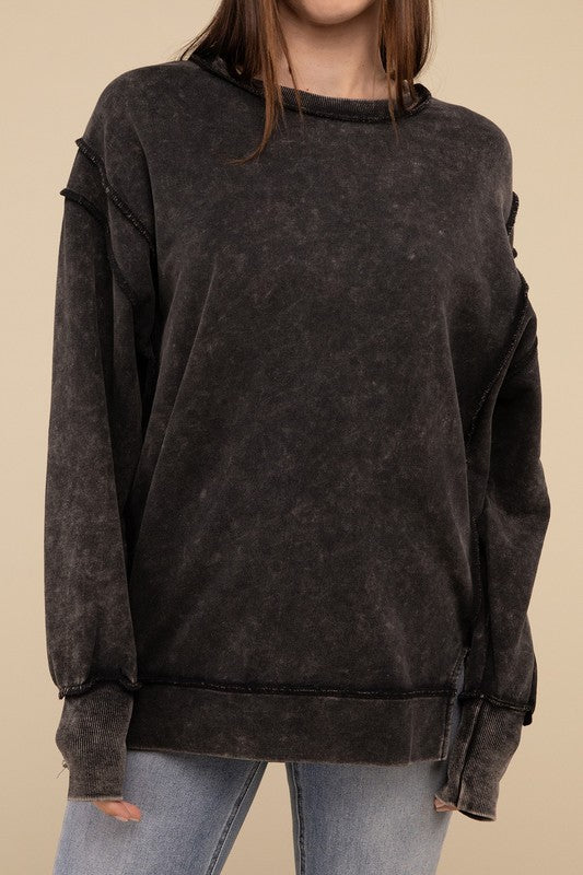 Zenana Acid Wash French Terry Exposed-Seam Sweatshirt