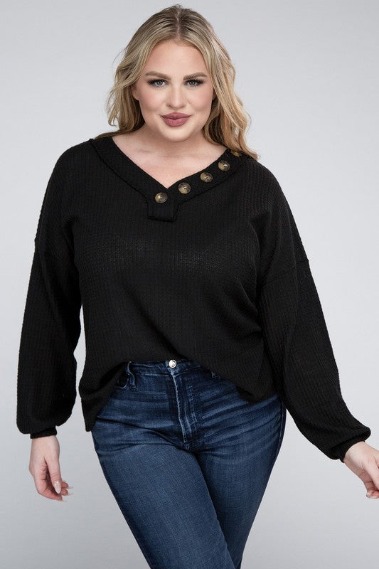 Zenana Plus Brushed Waffle V-Neck Button Detail Sweater, Black