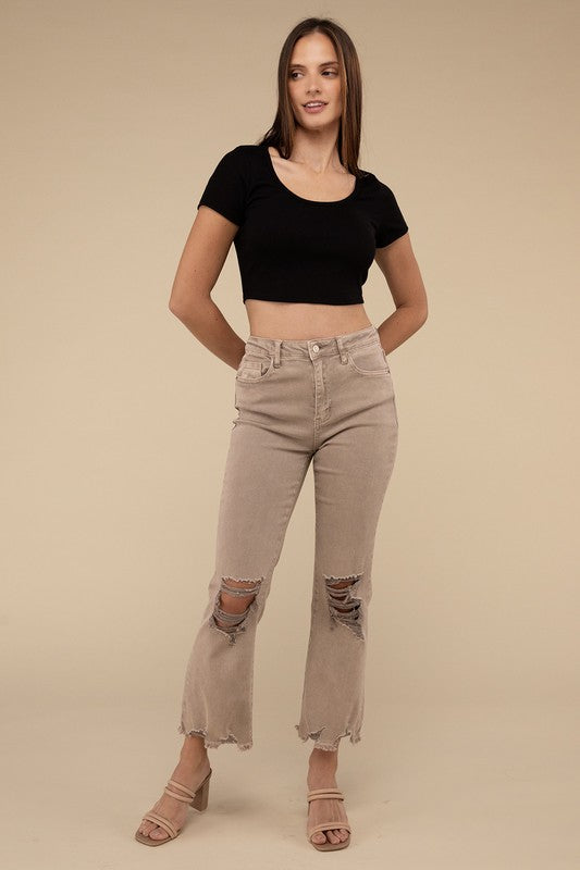 Zenana Acid Washed High Waist Distressed Straight Pants