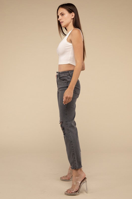 Zenana Acid Washed High Waist Distressed Straight Pants