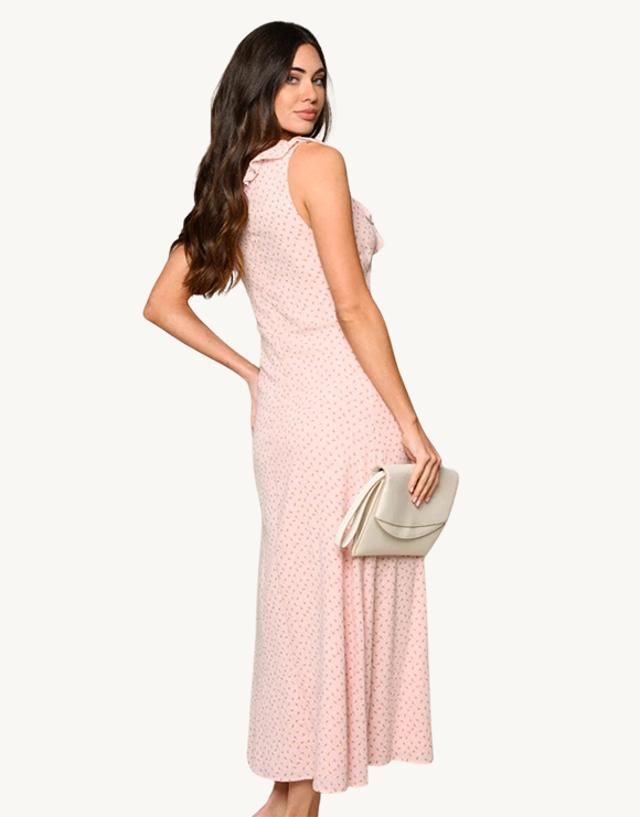 Ruffle V-Neck Sleeveless Ditsy Floral Midi Dress, Pink