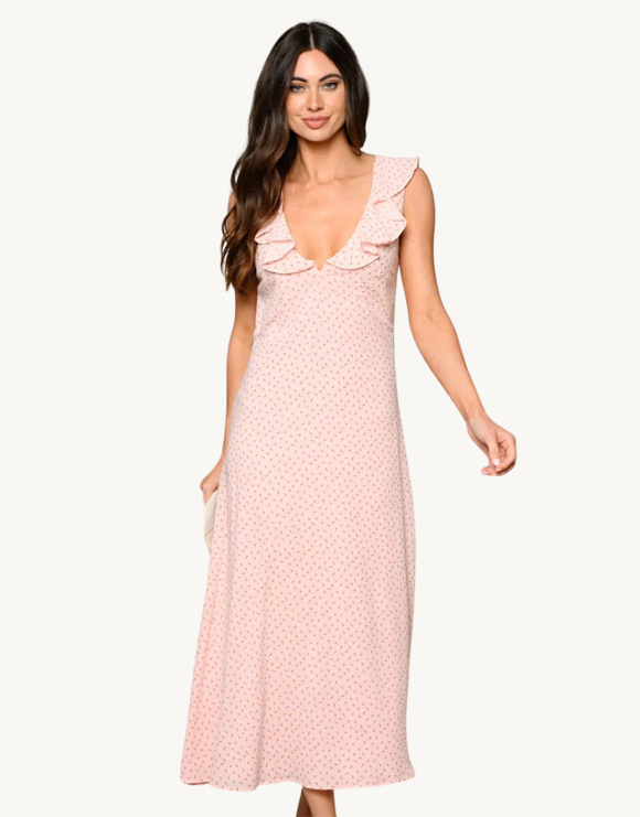 Ruffle V-Neck Sleeveless Ditsy Floral Midi Dress, Pink