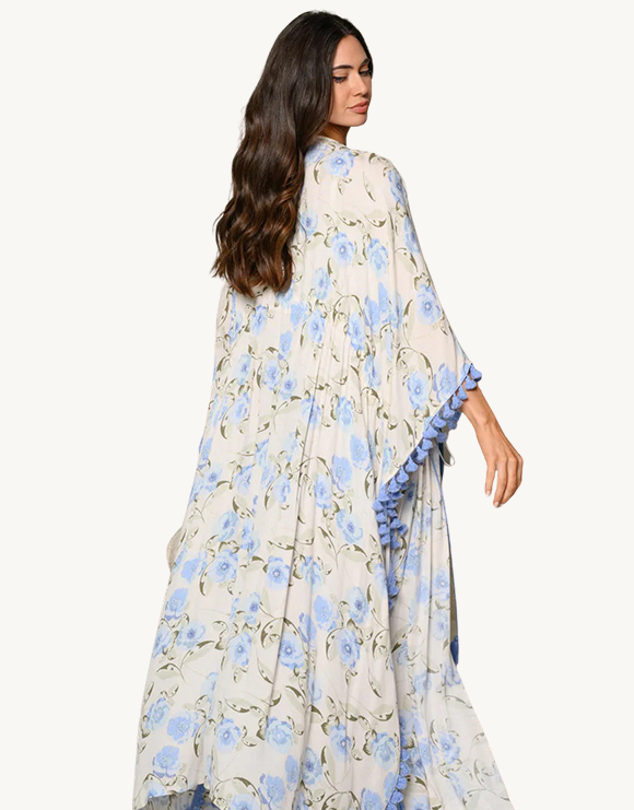 3/4 Sleeve Floral Chiffon Open Front Kimono Duster Cardigan with Tassle Trim, Blue/Cream