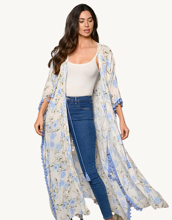 3/4 Sleeve Floral Chiffon Open Front Kimono Duster Cardigan with Tassle Trim, Blue/Cream