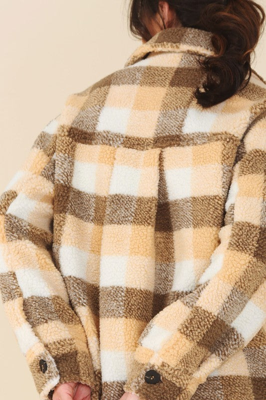 Plaid Sherpa Jacket with Pockets, Brown/Cream/Orange