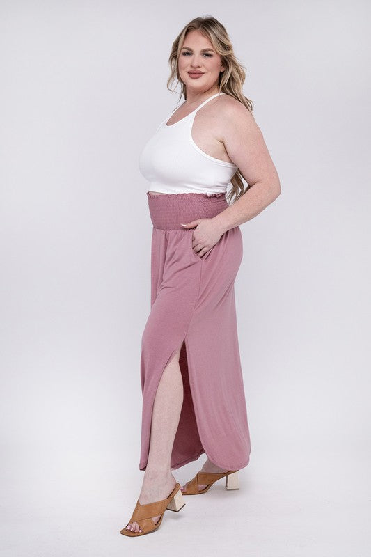 ZENANA Plus Smocked Waist Side Slit Maxi Skirt with Pockets