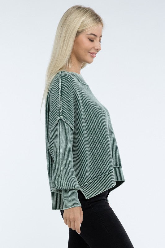 Zenana Washed Side Slit Oversized Cropped Sweater