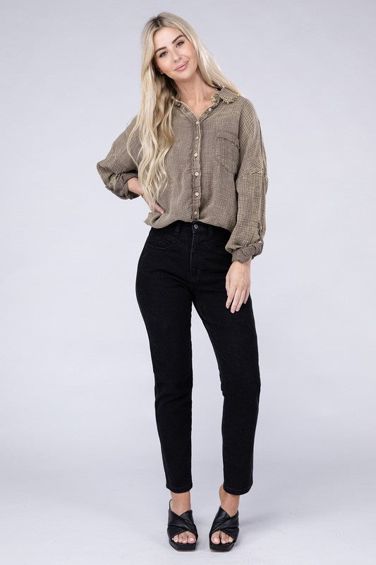 Zenana Washed Double Gauze Button Down Shirt