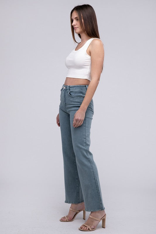 Zenana Acid Washed Frayed Cutoff Hem Straight Wide Pants