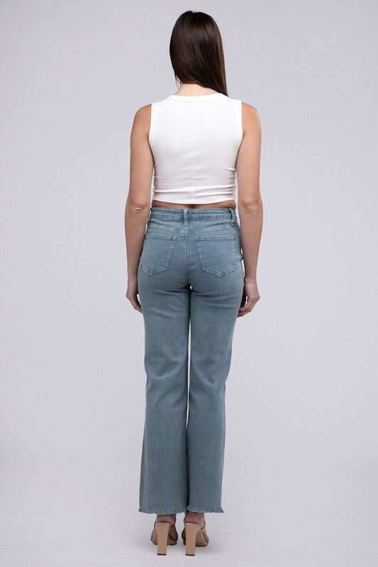 Zenana Acid Washed Frayed Cutoff Hem Straight Wide Pants