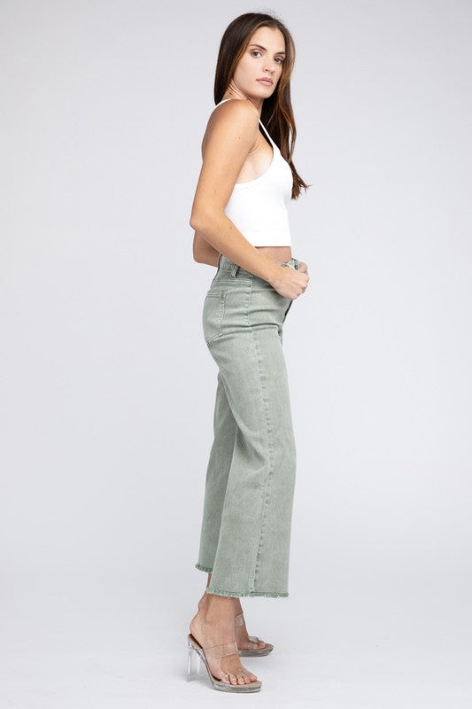 Zenana Acid Wash Colored Straight Wide Leg Jeans with Frayed Cutoff Hem